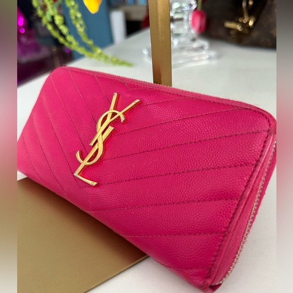 Saint Laurent Paris authentic round zipper long wallet fuchsia pink cowhide - Picture 2 of 16